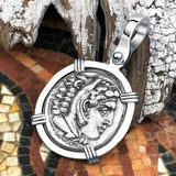 Ancient Greek Alexander the Great Silver Drachm Coin 14K White Gold Pendant