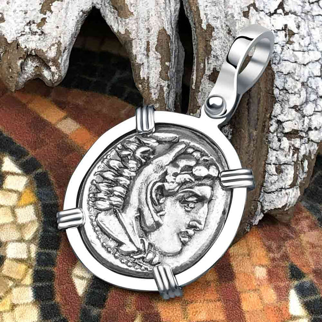 Ancient Greek Alexander the Great Silver Drachm Coin 14K White Gold Pendant