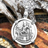 Ancient Greek Alexander the Great Silver Drachm Coin 14K White Gold Pendant