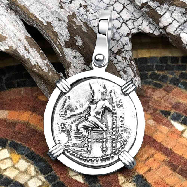 Ancient Greek Alexander the Great Silver Drachm Coin 14K White Gold Pendant