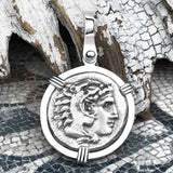 Ancient Greek Alexander the Great Silver Drachm Coin 14K White Gold Pendant