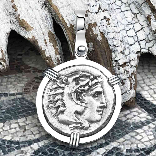 Ancient Greek Alexander the Great Silver Drachm Coin 14K White Gold Pendant