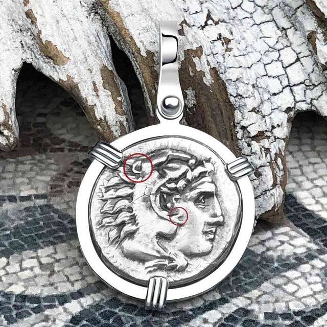 Ancient Greek Alexander the Great Silver Drachm Coin 14K White Gold Pendant