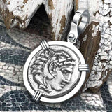 Ancient Greek Alexander the Great Silver Drachm Coin 14K White Gold Pendant