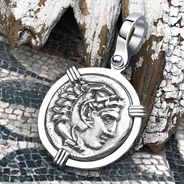 Ancient Greek Alexander the Great Silver Drachm Coin 14K White Gold Pendant
