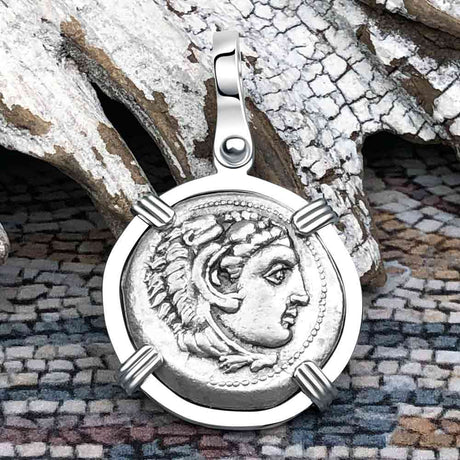 Ancient Greek Alexander the Great Silver Drachm Coin 14K White Gold Pendant