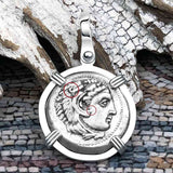 Ancient Greek Alexander the Great Silver Drachm Coin 14K White Gold Pendant