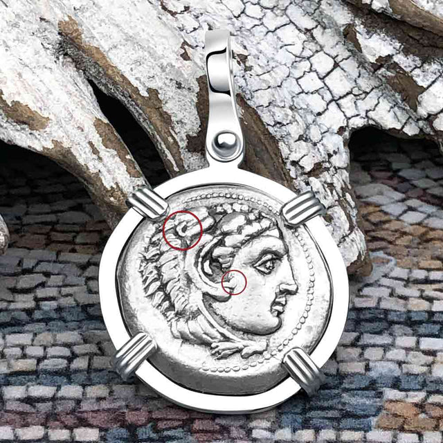 Ancient Greek Alexander the Great Silver Drachm Coin 14K White Gold Pendant