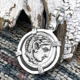 Ancient Greek Alexander the Great Silver Drachm Coin 14K White Gold Pendant