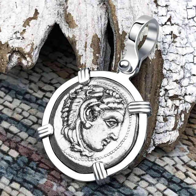 Ancient Greek Alexander the Great Silver Drachm Coin 14K White Gold Pendant