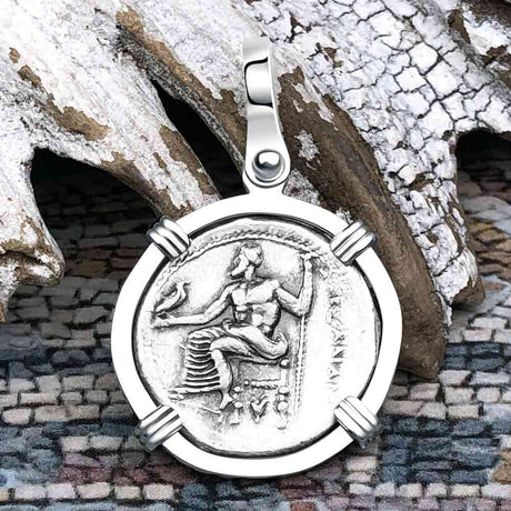 Ancient Greek Alexander the Great Silver Drachm Coin 14K White Gold Pendant