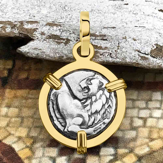 Ancient Greek Lion Hemidrachm 400 BC 14K Gold Pendant