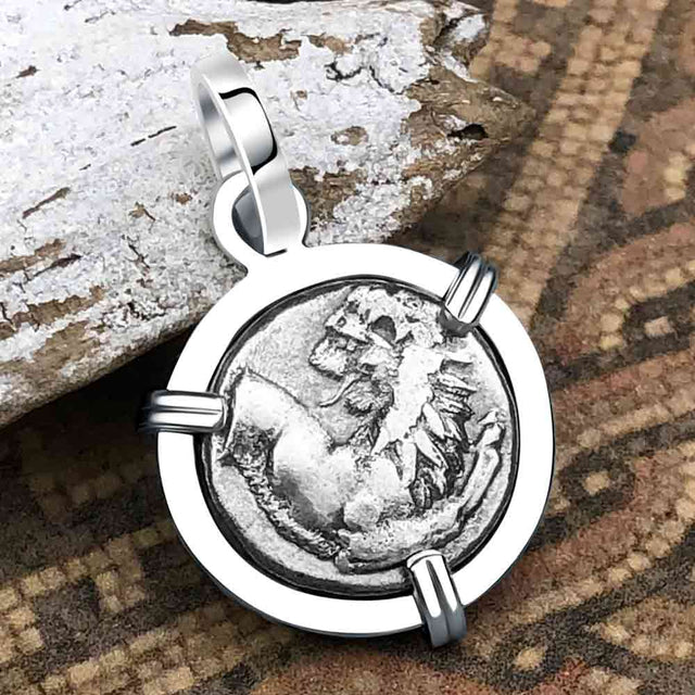 Ancient Greek Lion Hemidrachm 400 BC 14K White Gold Pendant
