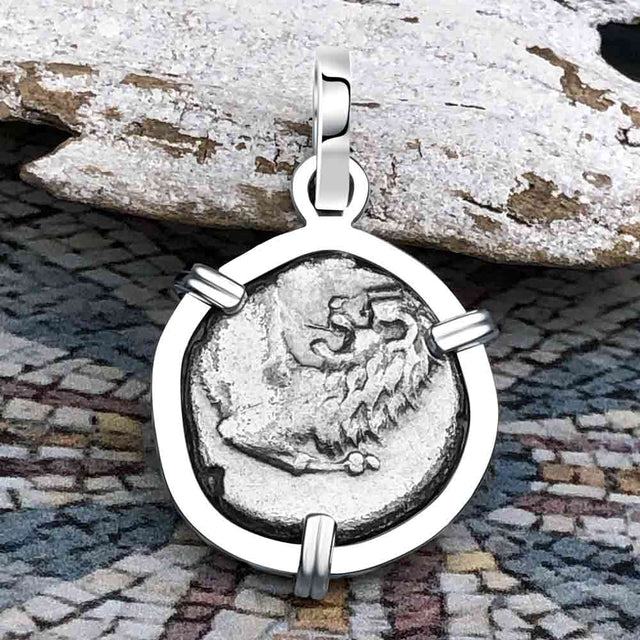 Ancient Greek Lion Hemidrachm 400 BC 14K White Gold Pendant