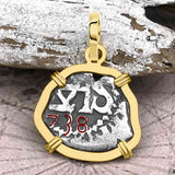 Dated 1739 Pirate Era Spanish 1/2 Reale Cob Piece of Eight 14K Gold Pendant