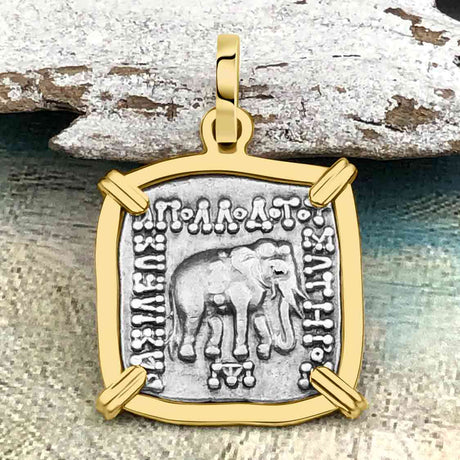 Ancient Indo-Greek Bactrian Elephant and Bull Silver Drachm Coin 170 BC 14K Gold Pendant