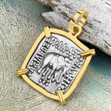 Ancient Indo-Greek Bactrian Elephant and Bull Silver Drachm Coin 170 BC 14K Gold Pendant