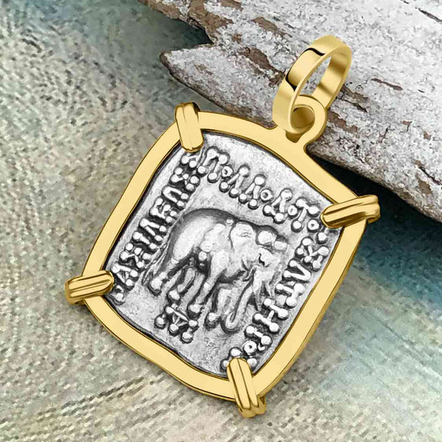 Ancient Indo-Greek Bactrian Elephant and Bull Silver Drachm Coin 170 BC 14K Gold Pendant