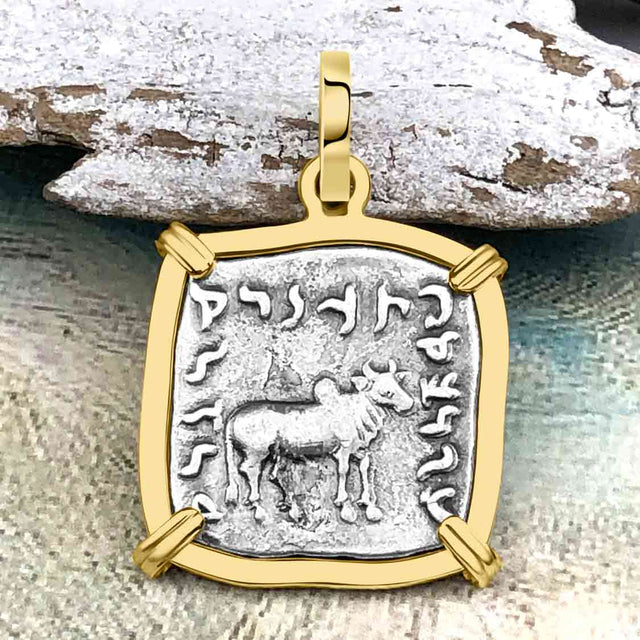 Ancient Indo-Greek Bactrian Elephant and Bull Silver Drachm Coin 170 BC 14K Gold Pendant