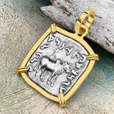 Ancient Indo-Greek Bactrian Elephant and Bull Silver Drachm Coin 170 BC 14K Gold Pendant