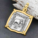 Ancient Indo-Greek Bactrian Elephant and Bull Silver Drachm Coin 170 BC 14K Gold Pendant