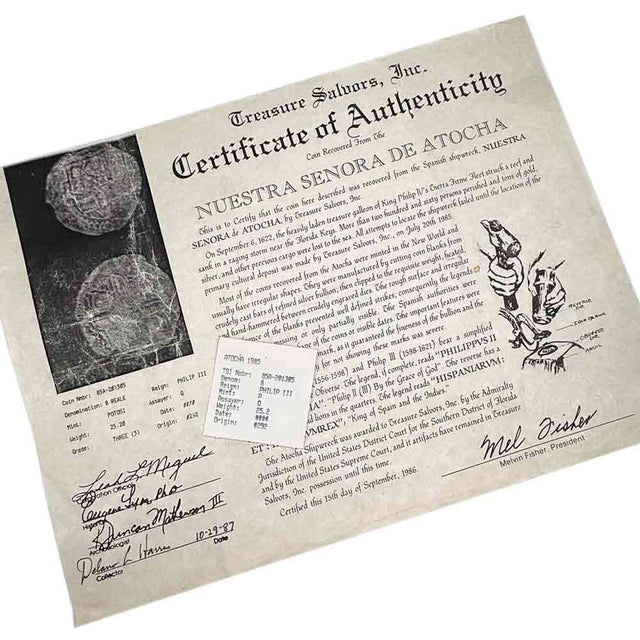 mel fisher certificate of authenticity Mel Fisher's Atocha 8 Reale Shipwreck Coin 14K Gold Pendant