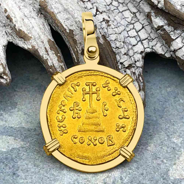 Byzantine Empire Victory Cross 24K Gold Solidus Coin Circa 610 AD in 18K Gold Pendant