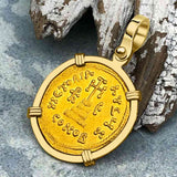 Byzantine Empire Victory Cross 24K Gold Solidus Coin Circa 610 AD in 18K Gold Pendant