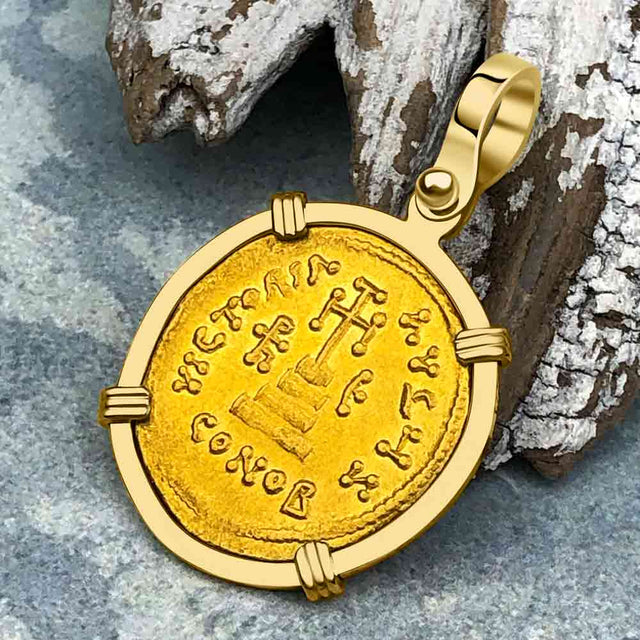 Byzantine Empire Victory Cross 24K Gold Solidus Coin Circa 610 AD in 18K Gold Pendant