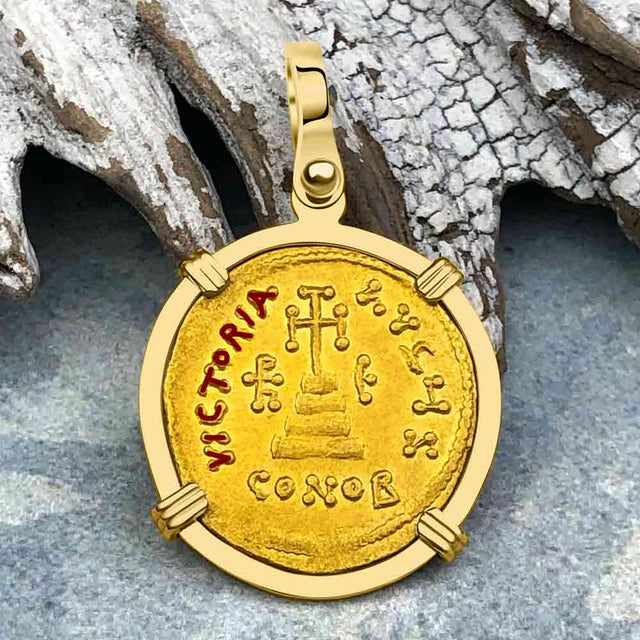 Byzantine Empire Victory Cross 24K Gold Solidus Coin Circa 610 AD in 18K Gold Pendant