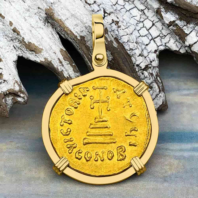 Byzantine Empire Victory Cross 24K Gold Solidus Coin Circa 610 AD in 18K Gold Pendant