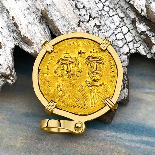 Byzantine Empire Victory Cross 24K Gold Solidus Coin Circa 610 AD in 18K Gold Pendant