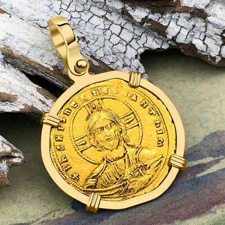 Byzantine Jesus Christ King of Kings 23K Gold Nomisma Coin Circa 976 AD 18K Gold Pendant