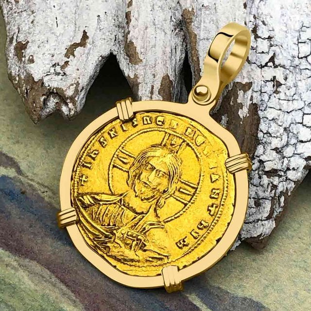 Byzantine Jesus Christ King of Kings 23K Gold Nomisma Coin Circa 976 AD 18K Gold Pendant