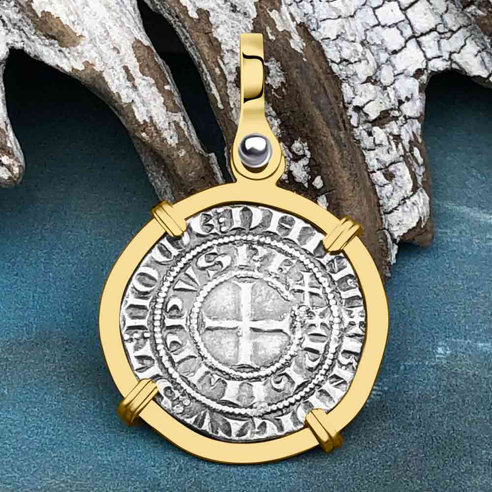Templar Knights Era Medieval France Silver Maille Tierce Crusader Cross Coin 14K Gold Pendant