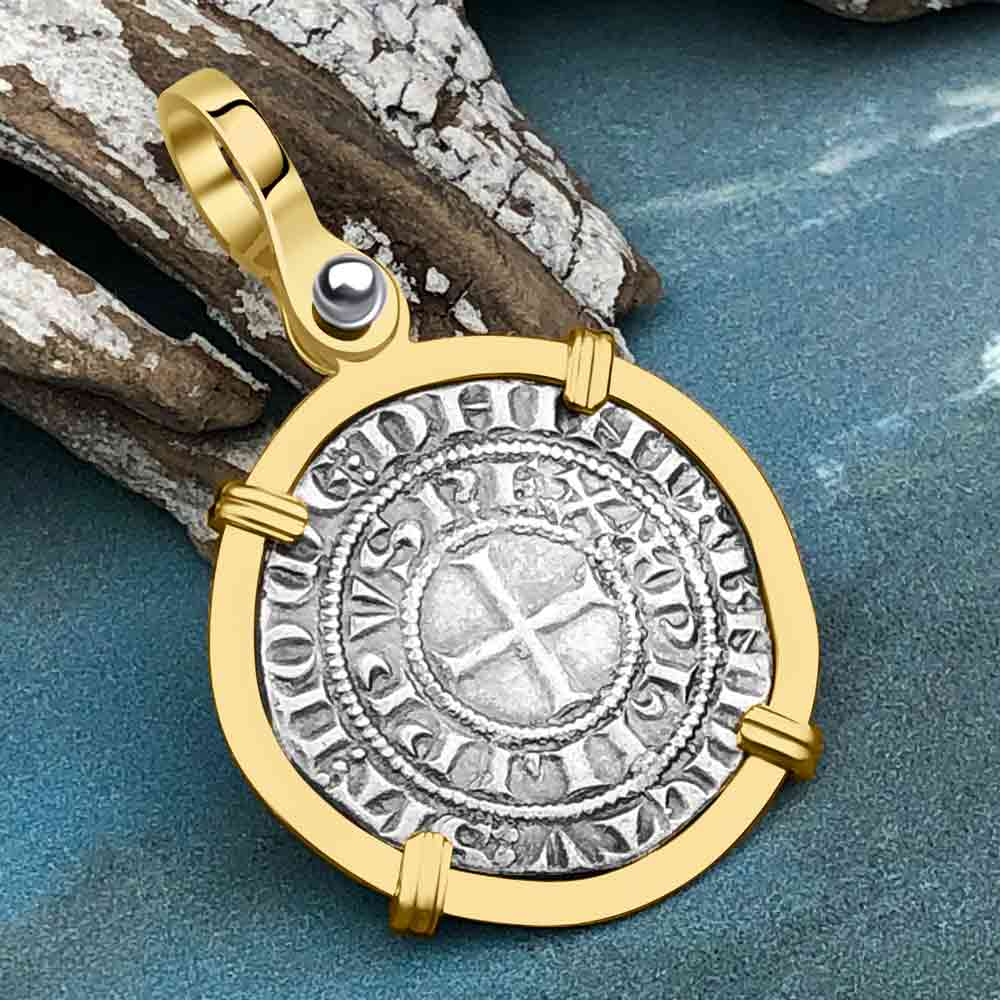 Templar Knights Era Medieval France Silver Maille Tierce Crusader Cross Coin 14K Gold Pendant