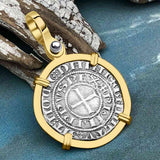 Templar Knights Era Medieval France Silver Maille Tierce Crusader Cross Coin 14K Gold Pendant