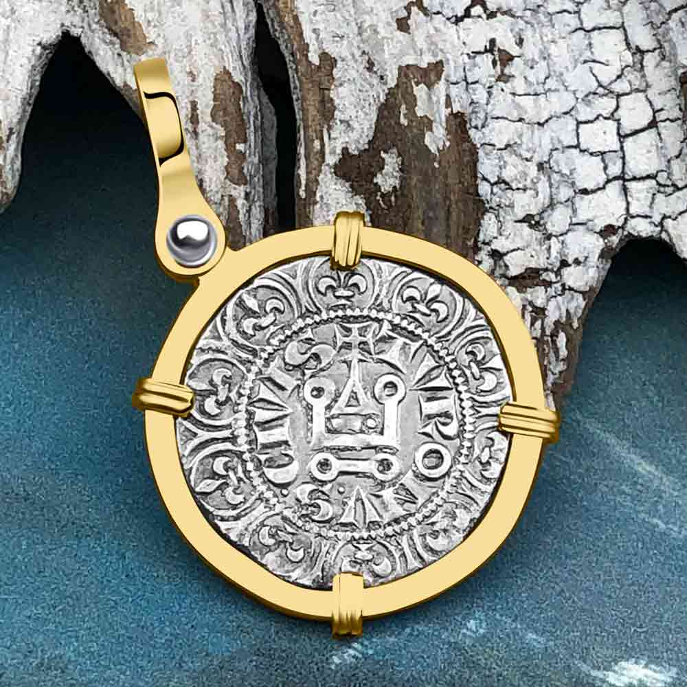 Templar Knights Era Medieval France Silver Maille Tierce Crusader Cross Coin 14K Gold Pendant