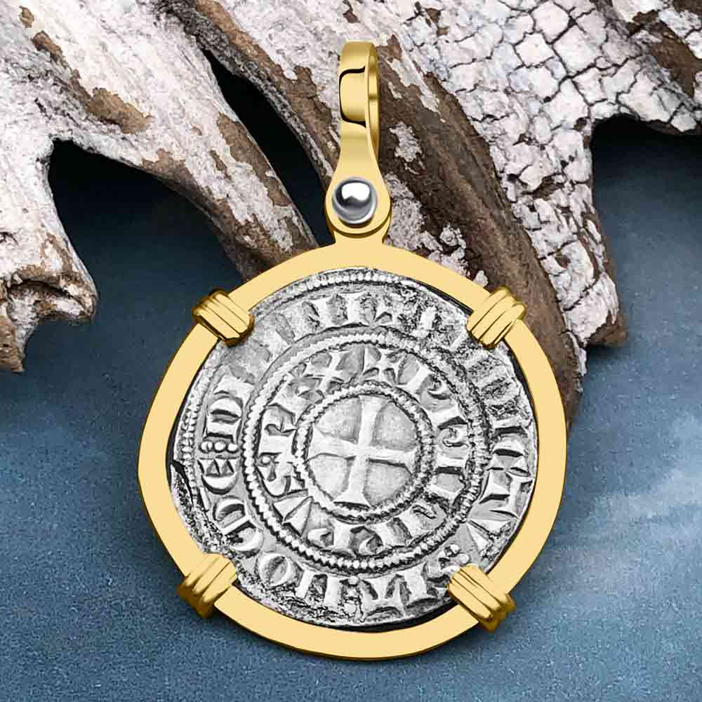Templar Knights Era Medieval France Silver Maille Tierce Crusader Cross Coin 14K Gold Pendant