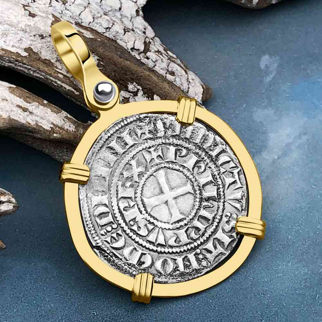 Templar Knights Era Medieval France Silver Maille Tierce Crusader Cross Coin 14K Gold Pendant