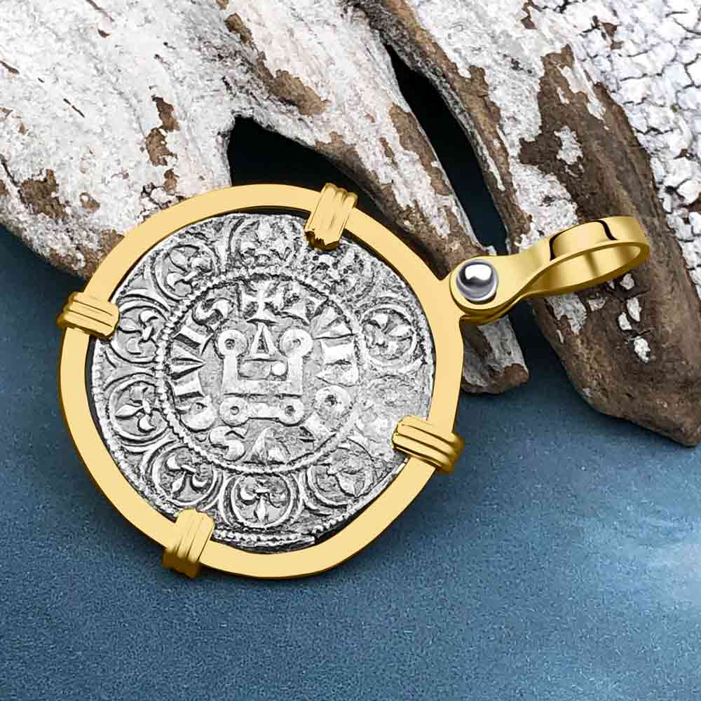 Templar Knights Era Medieval France Silver Maille Tierce Crusader Cross Coin 14K Gold Pendant