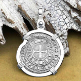 Templar Knights Era Medieval France Silver Maille Tierce Crusader Cross Coin 14K White Gold Pendant