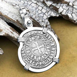 Templar Knights Era Medieval France Silver Maille Tierce Crusader Cross Coin 14K White Gold Pendant