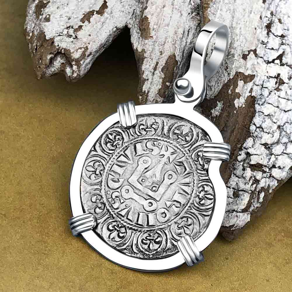 Templar Knights Era Medieval France Silver Maille Tierce Crusader Cross Coin 14K White Gold Pendant