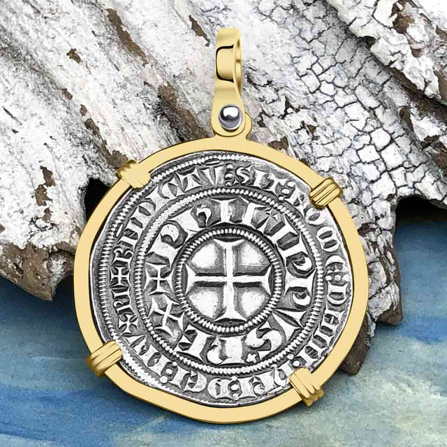Templar Knights Era Medieval France Silver Gros Tournois circa 1290 Crusader Cross Coin 14K Gold Pendant