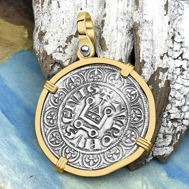 Templar Knights Era Medieval France Silver Gros Tournois circa 1290 Crusader Cross Coin 14K Gold Pendant