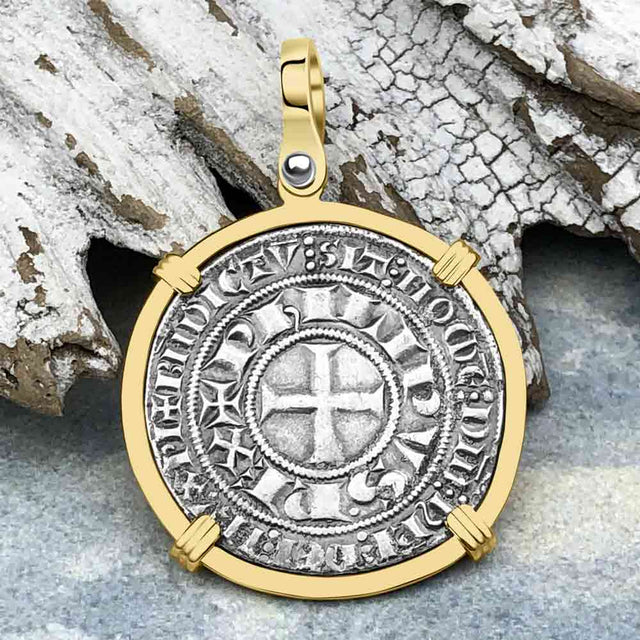 Templar Knights Era Medieval France Silver Gros Tournois circa 1290 Crusader Cross Coin 14K Gold Pendant