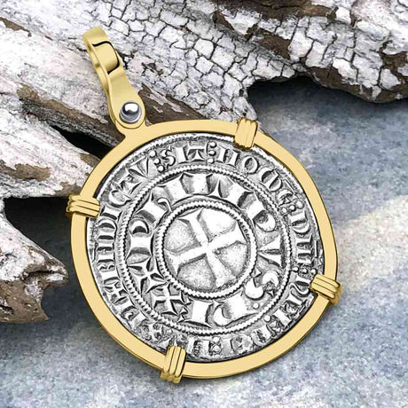 Templar Knights Era Medieval France Silver Gros Tournois circa 1290 Crusader Cross Coin 14K Gold Pendant