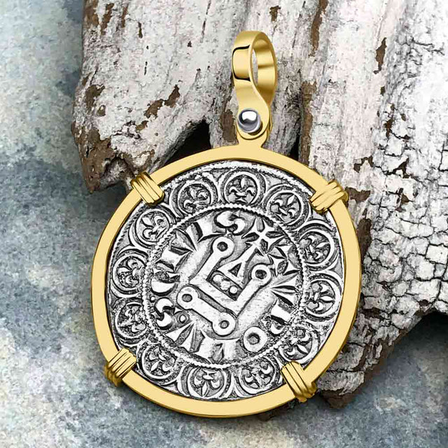 Templar Knights Era Medieval France Silver Gros Tournois circa 1290 Crusader Cross Coin 14K Gold Pendant