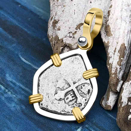 1715 Fleet Shipwreck Pirate Era Spanish 1 Reale "Piece of 8" 14K Gold & Sterling Silver Pendant